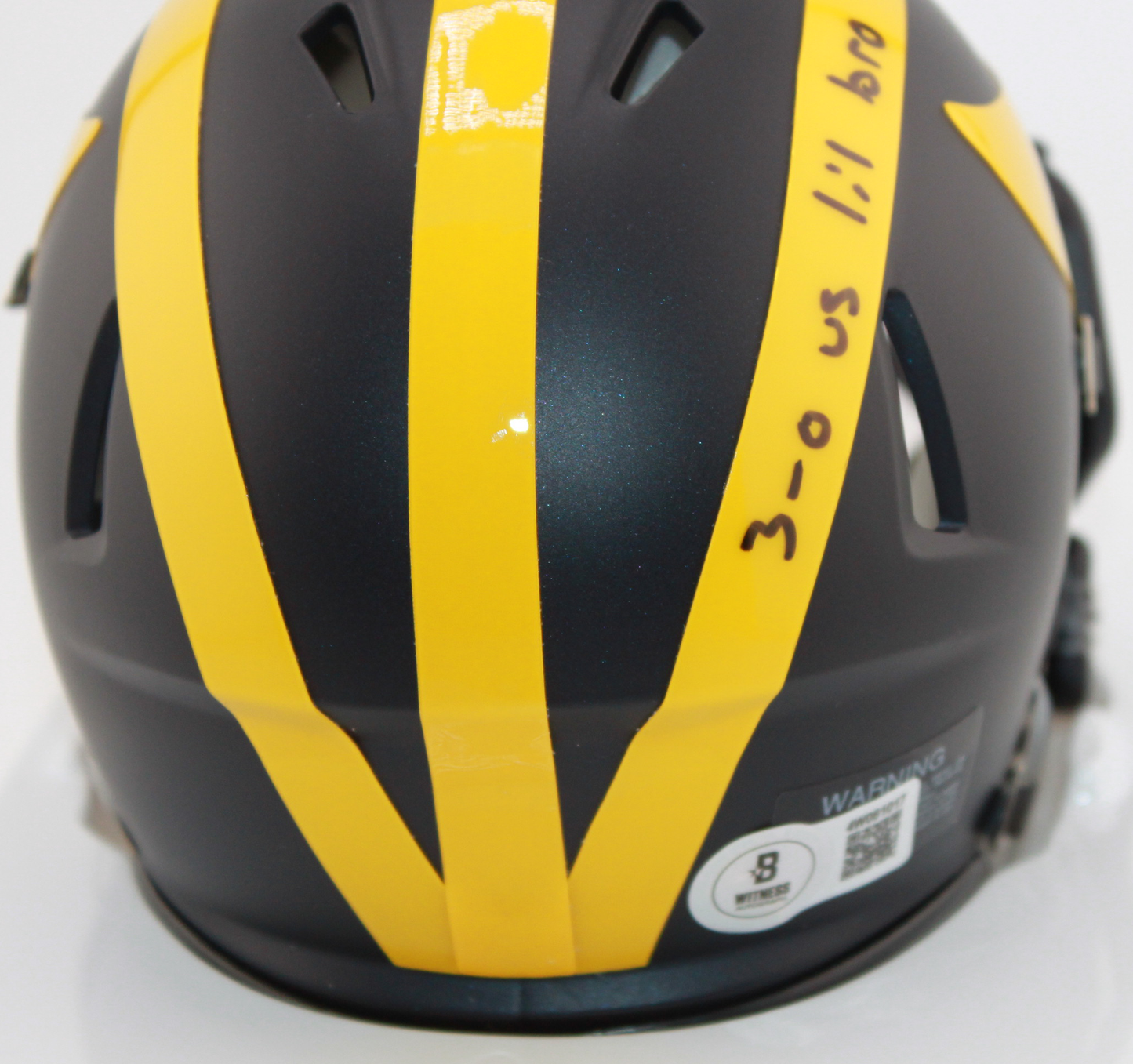 Colston Loveland Michigan Wolverines Signed Speed Mini Helmet with "3-0 vs lil bro" inscription.
