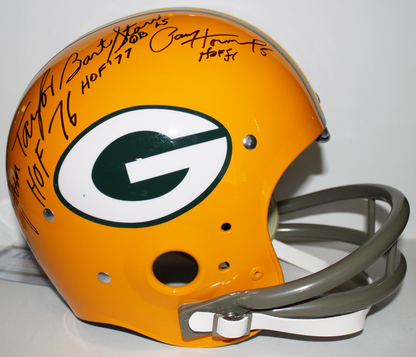 Hornung, Taylor, Starr. Green Bay Packers HOF Backfield Multi-Signed Full Sized TK Throwback Suspension Helmet with Inscription