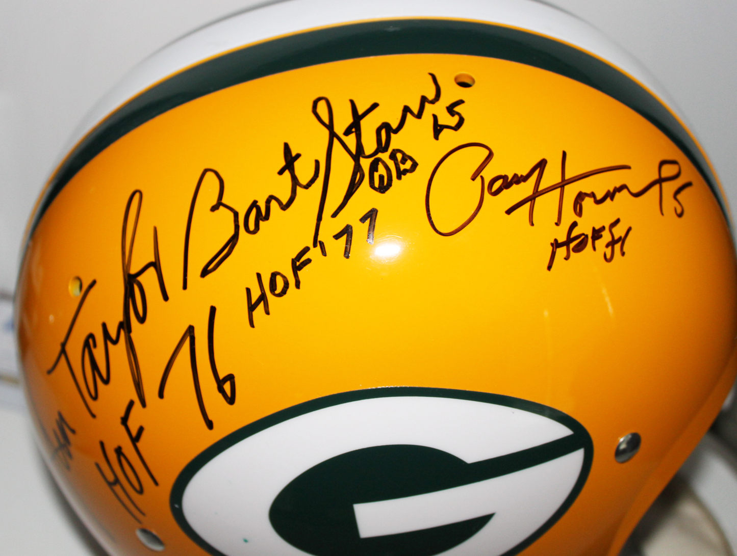 Hornung, Taylor, Starr. Green Bay Packers HOF Backfield Multi-Signed Full Sized TK Throwback Suspension Helmet with Inscription