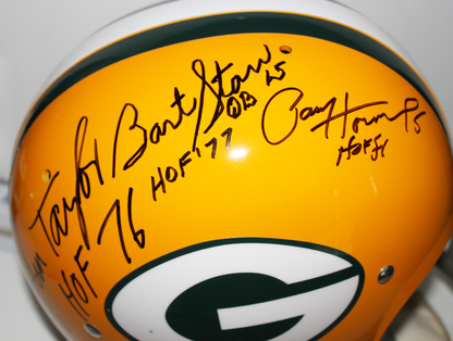 Hornung, Taylor, Starr. Green Bay Packers HOF Backfield Multi-Signed Full Sized TK Throwback Suspension Helmet with Inscription