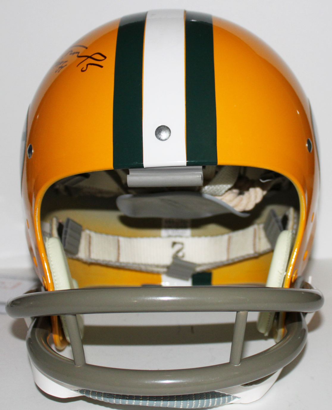 Hornung, Taylor, Starr. Green Bay Packers HOF Backfield Multi-Signed Full Sized TK Throwback Suspension Helmet with Inscription