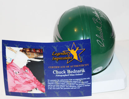 Chuck Bednarik Signed Eagles Riddell 2-Bar Mini Helmet with "HOF 67" inscription