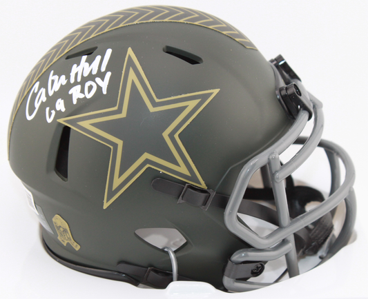 Calvin Hill Dallas Cowboys Salute to Service Signed Mini Helmet with Inscription - Beckett