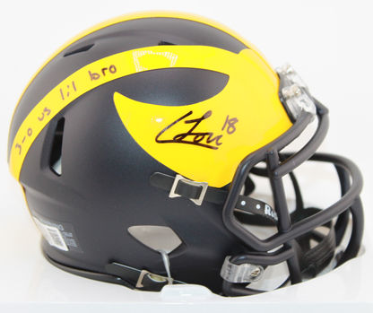 Colston Loveland Michigan Wolverines Signed Speed Mini Helmet with "3-0 vs lil bro" inscription.