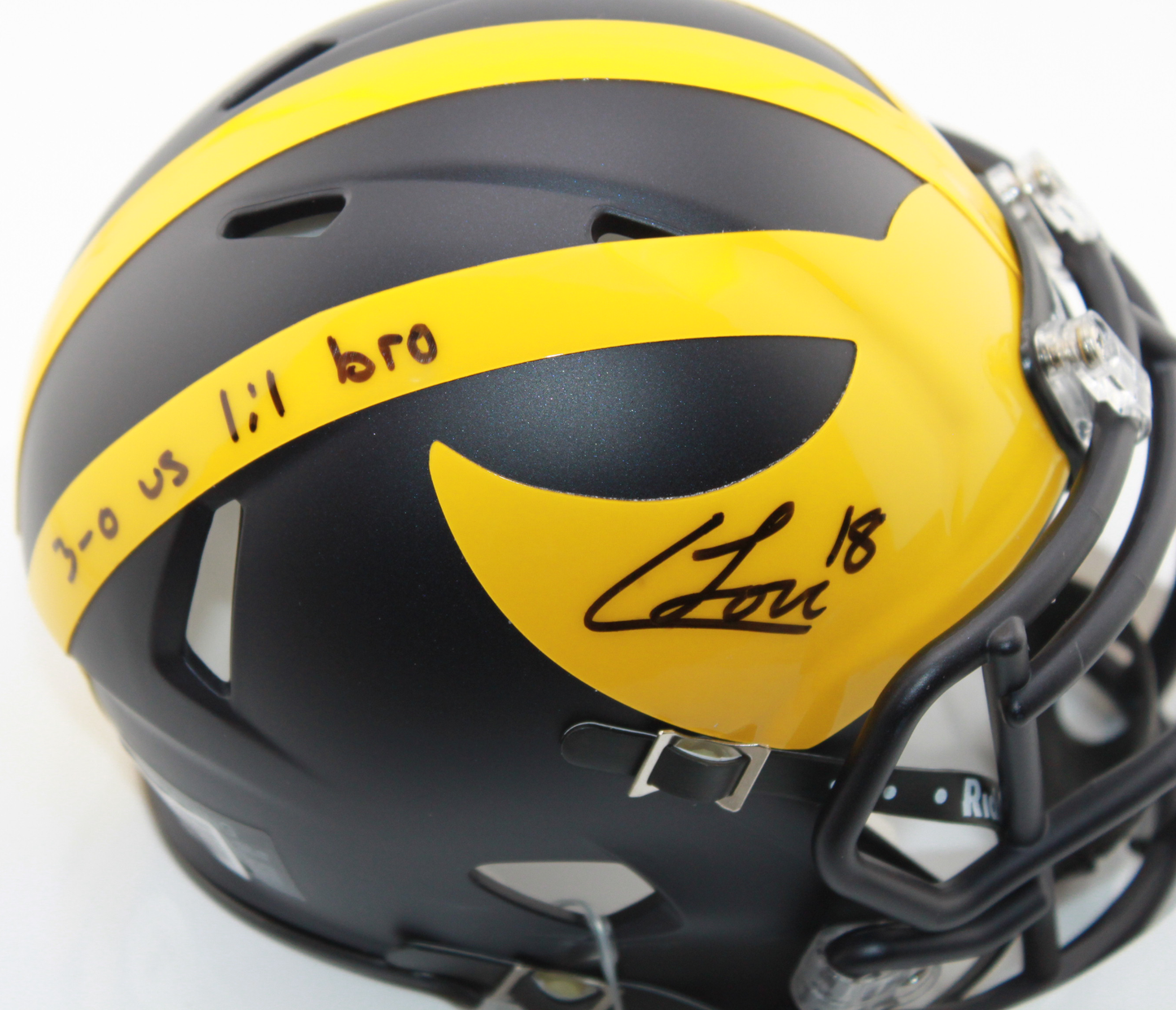 Colston Loveland Michigan Wolverines Signed Speed Mini Helmet with "3-0 vs lil bro" inscription.